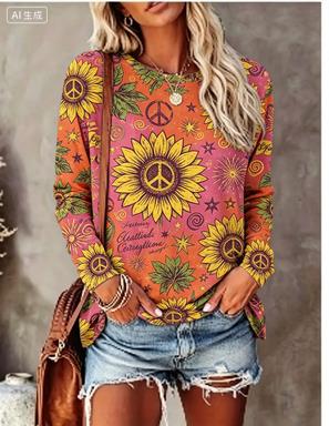 Winter Clothing For Women - Women Long Sleeve T‑Shirt Hippie Daisy